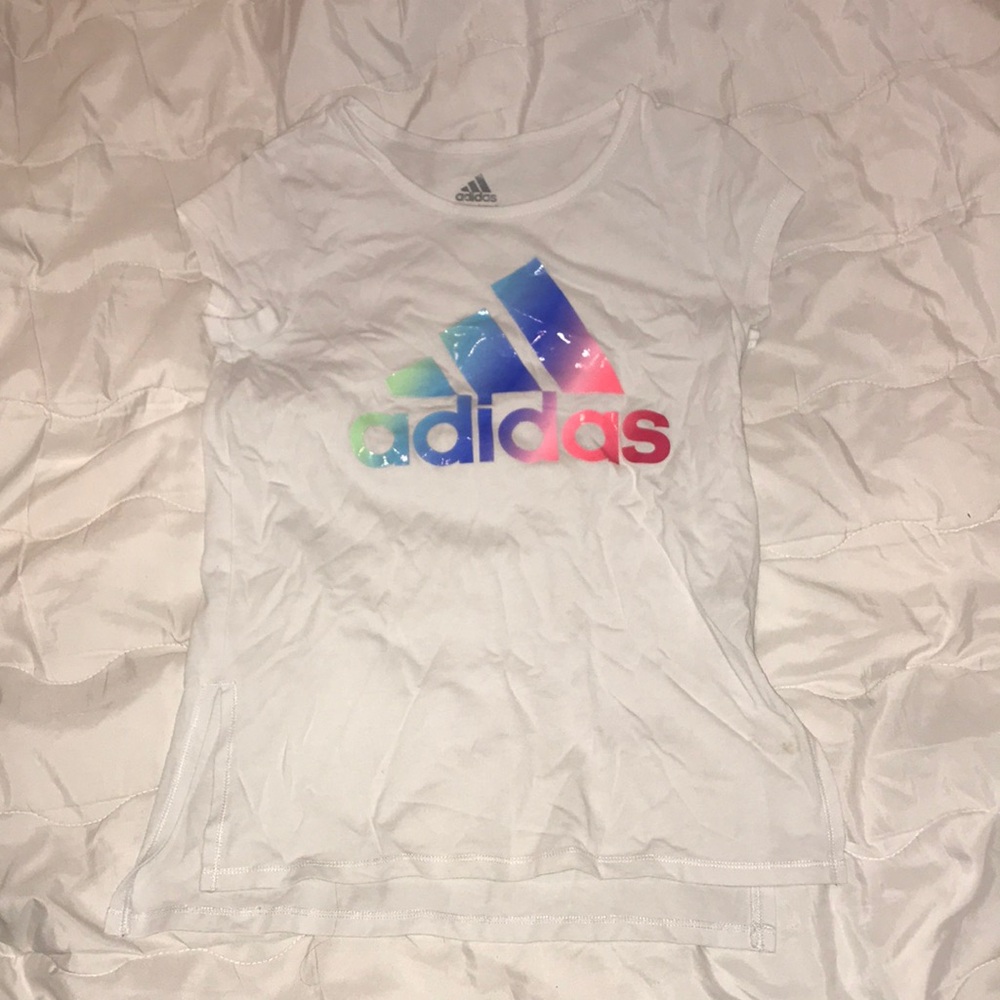 Adidas Kids Size M(10/12) White T-Shirt with Multicolor Logo